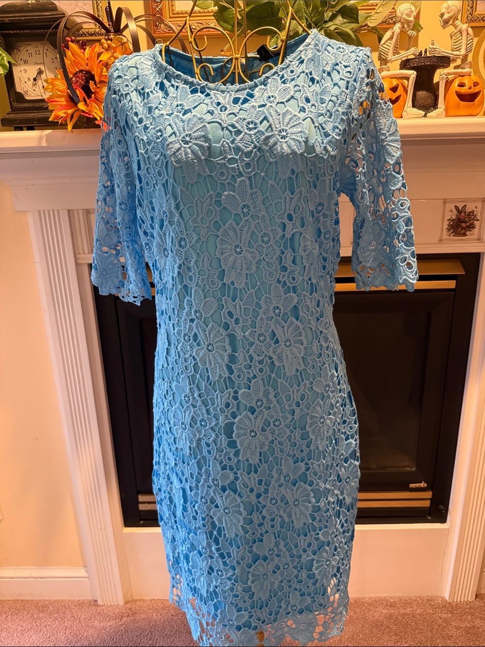 Nina Leonard Light Blue Floral Lace Midi Dress NWT MED DRESSY OR OFFICE